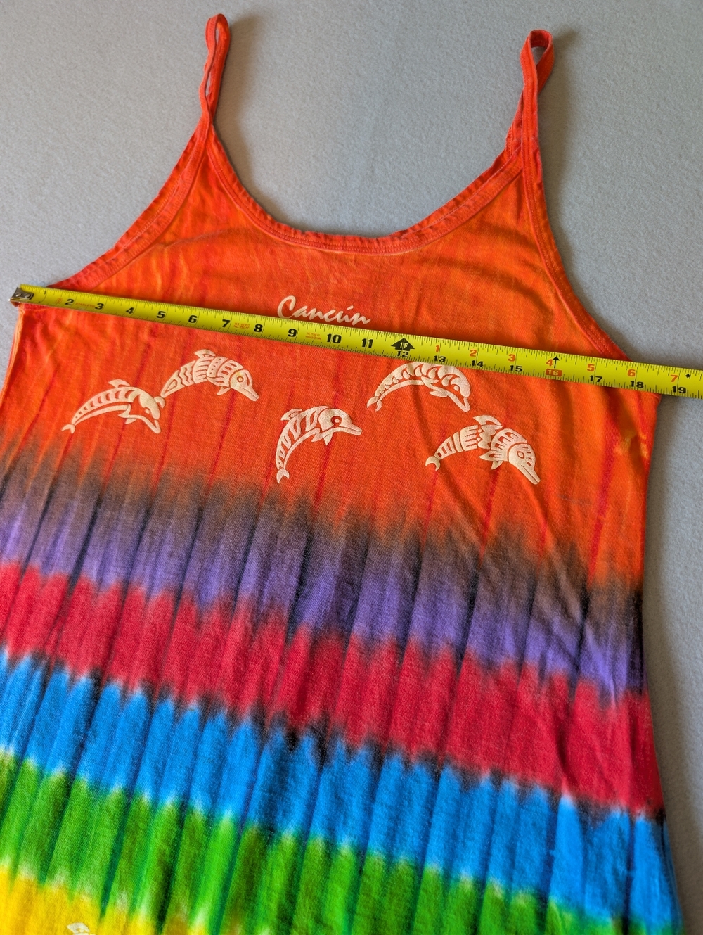 Vintage Cancun Mexico Rainbow Tie Dye Dolphin Fringe Tank Top Cover Up Festival - Picture 8 of 9